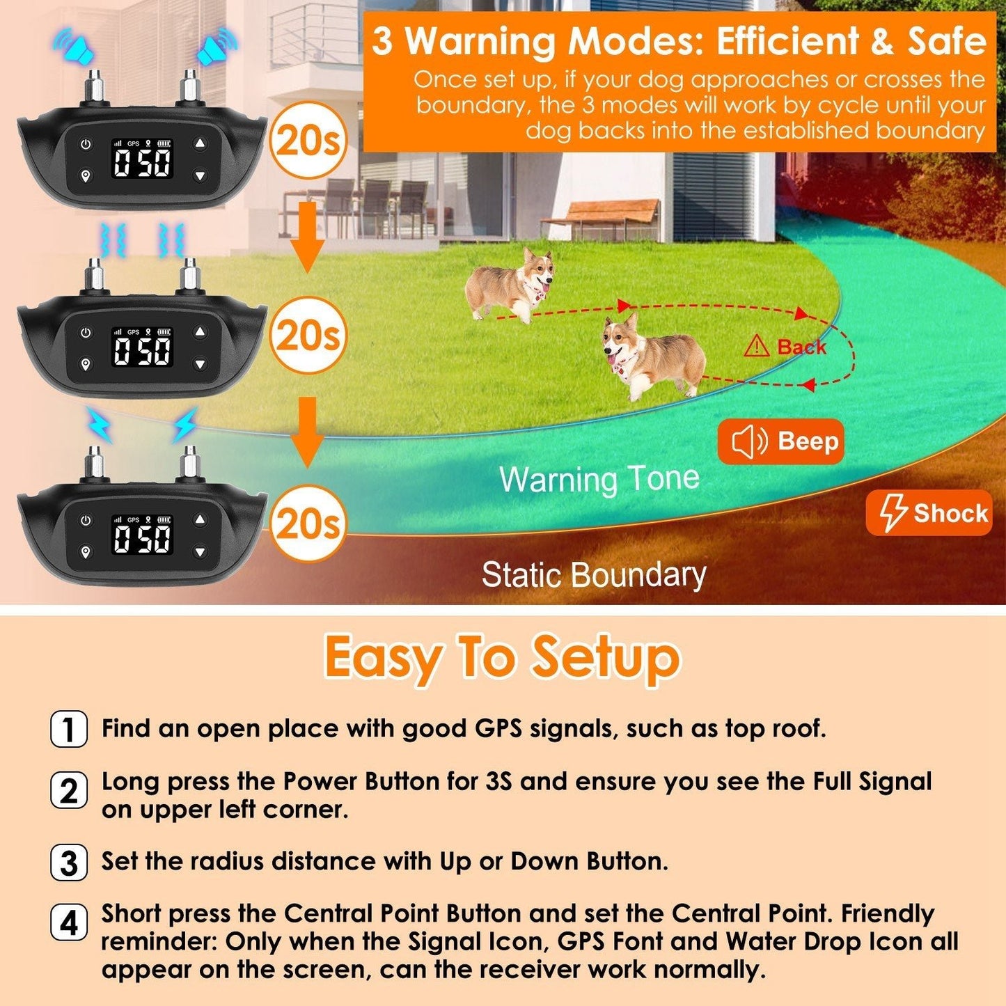 2 In 1 Dog GPS Fence Tracker Wireless GPS Dog Fence GPS Dog Collar With 32-2887FT Radius IPX6 Waterproof For Small Medium Large Dogs